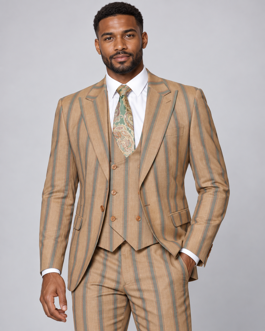 Manzini 3pc Wide Pinstripe Suit (Sydney) — Tan Stripes, studio photograph