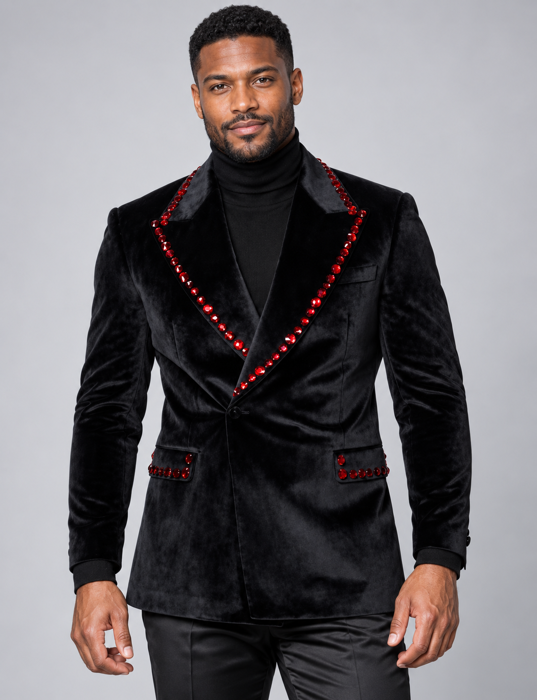 Manzini Studded Collar Blazer (MZV531) in Black with Red Studs, on-model studio photograph