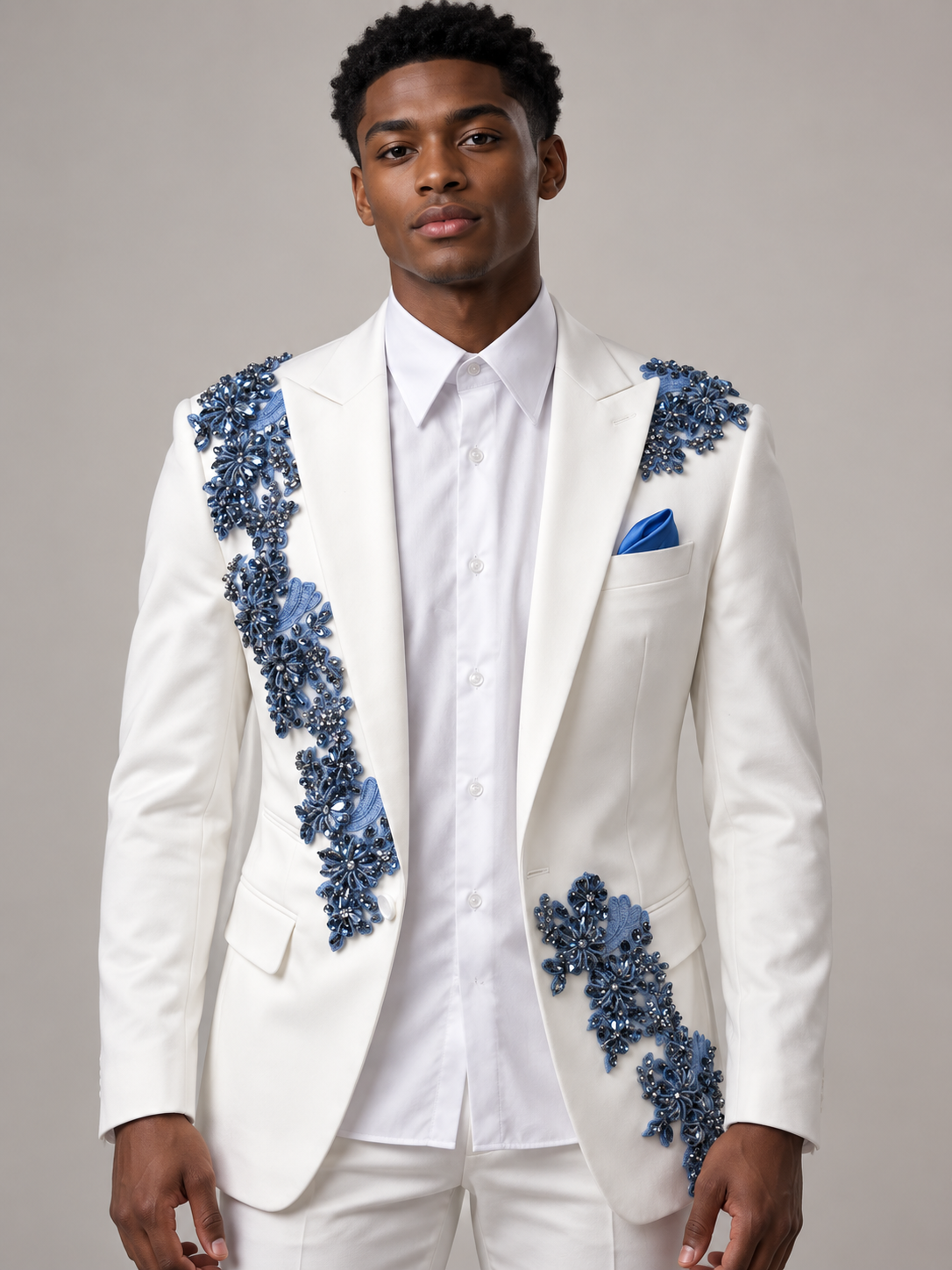 AI-generated young adult model visualization of TCW white jacket with blue floral embellishment