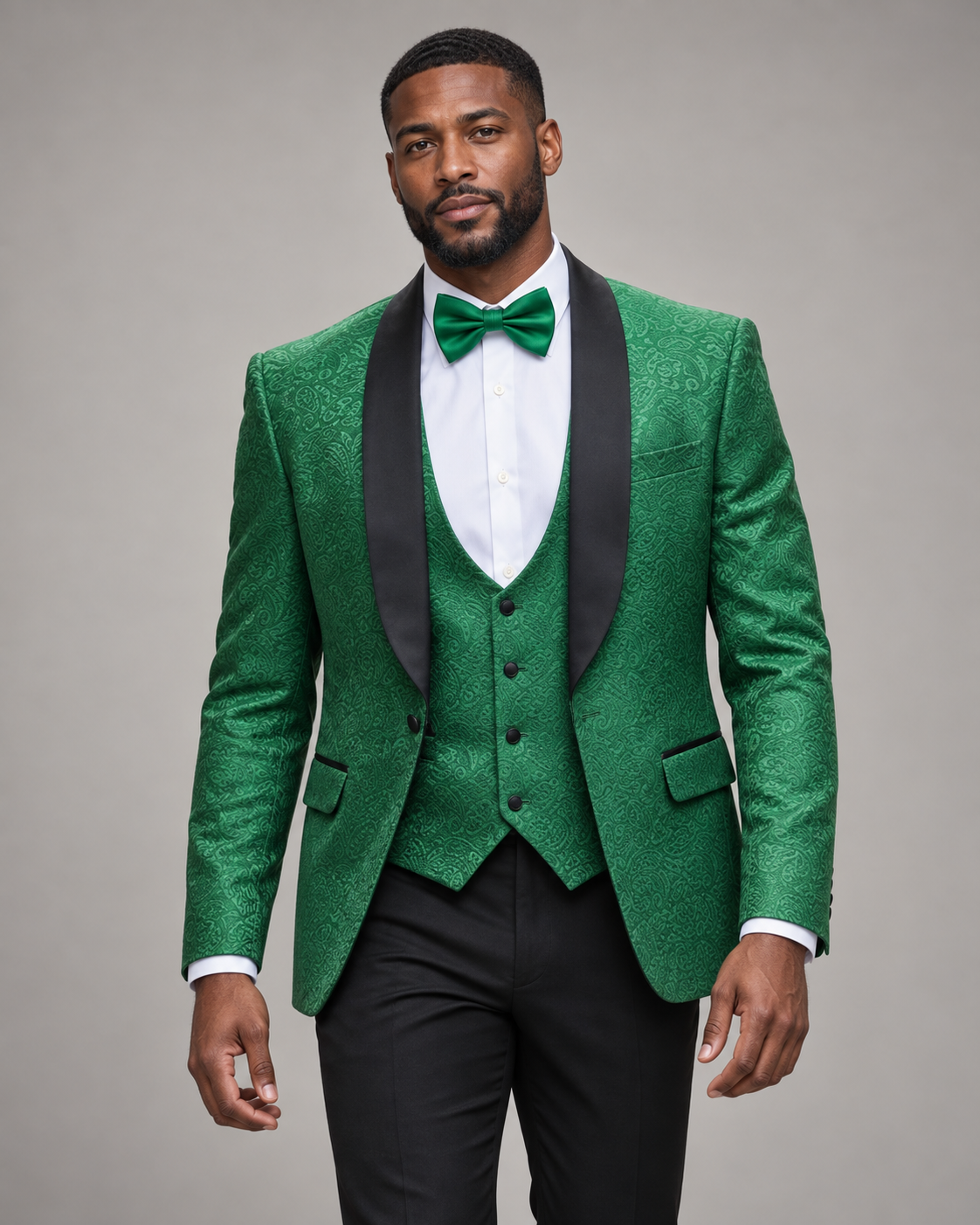 Vinci TVSJ-1 jacquard tuxedo in Green, model studio photo