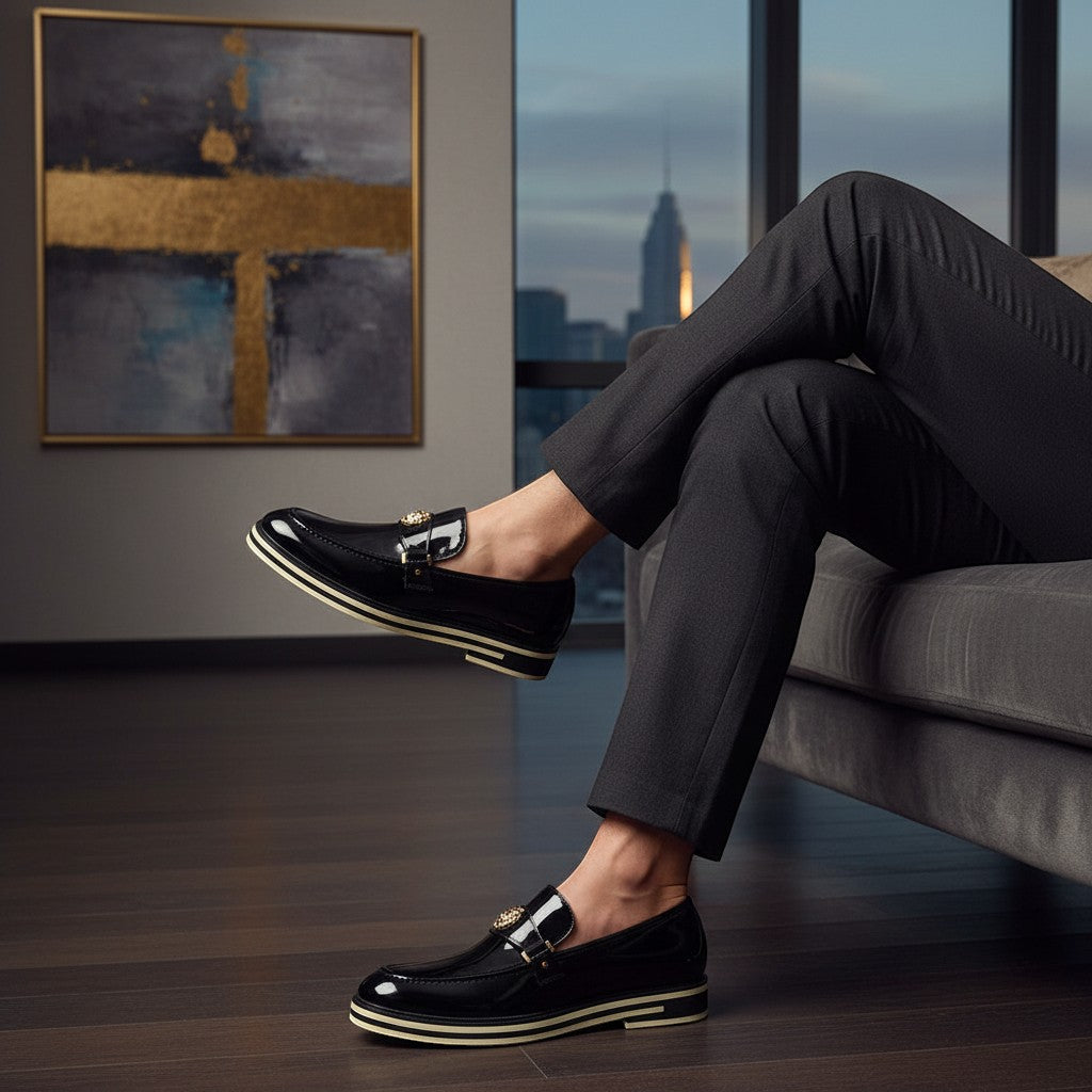 The City Warehouse-Menswear Ashford black leather moc-toe slip-on loafer with a white rubber sole worn with grey trousers.