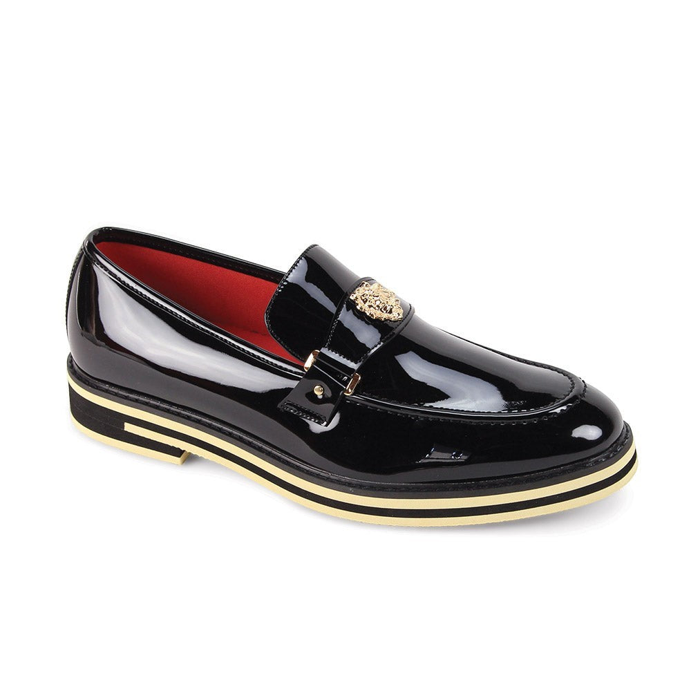 The City Warehouse-Menswear black patent leather moc-toe loafer with gold lion head detail and striped rubber sole.
