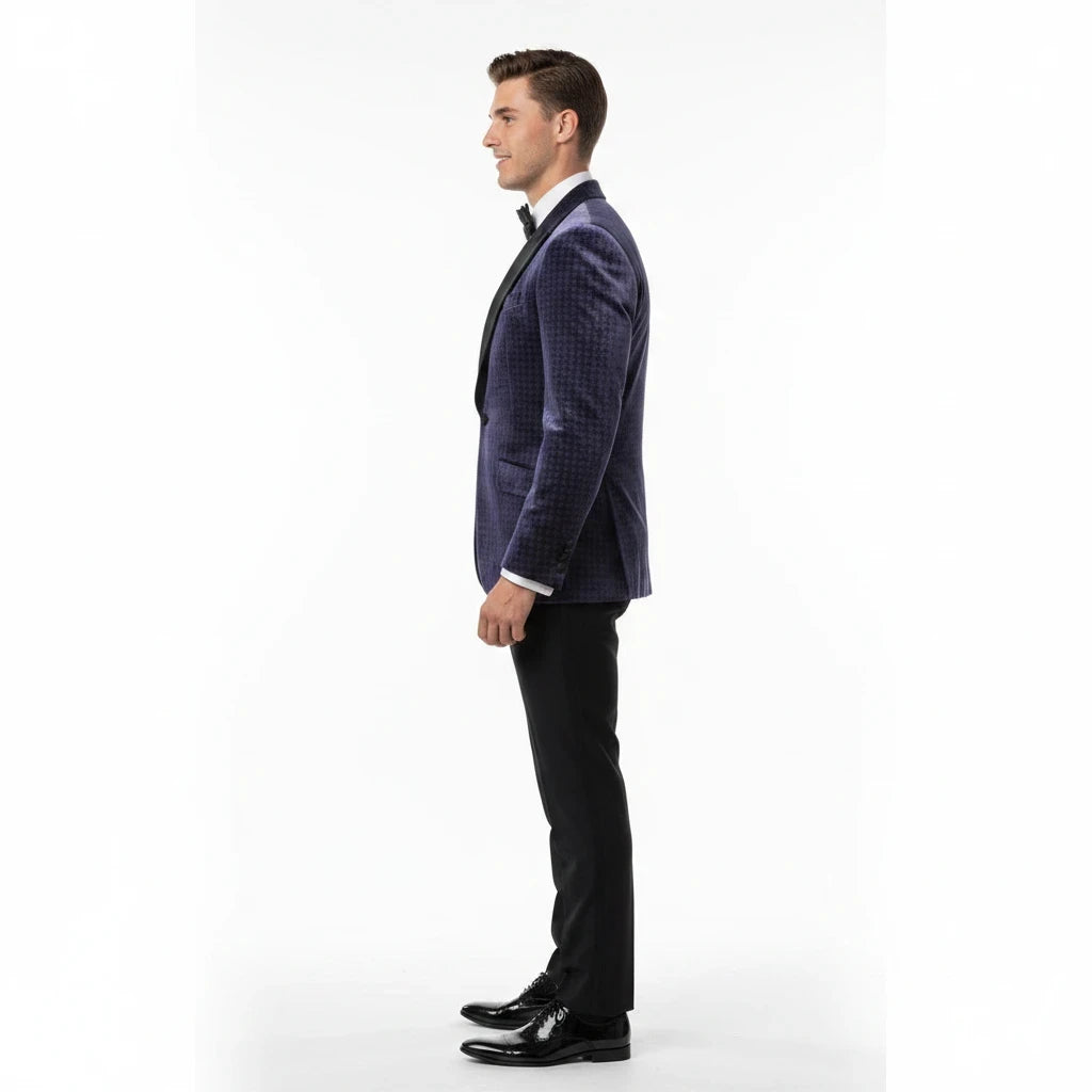 The City Warehouse-Menswear Giovanni Testi lavender velvet slim fit jacket with houndstooth pattern and black lapel
