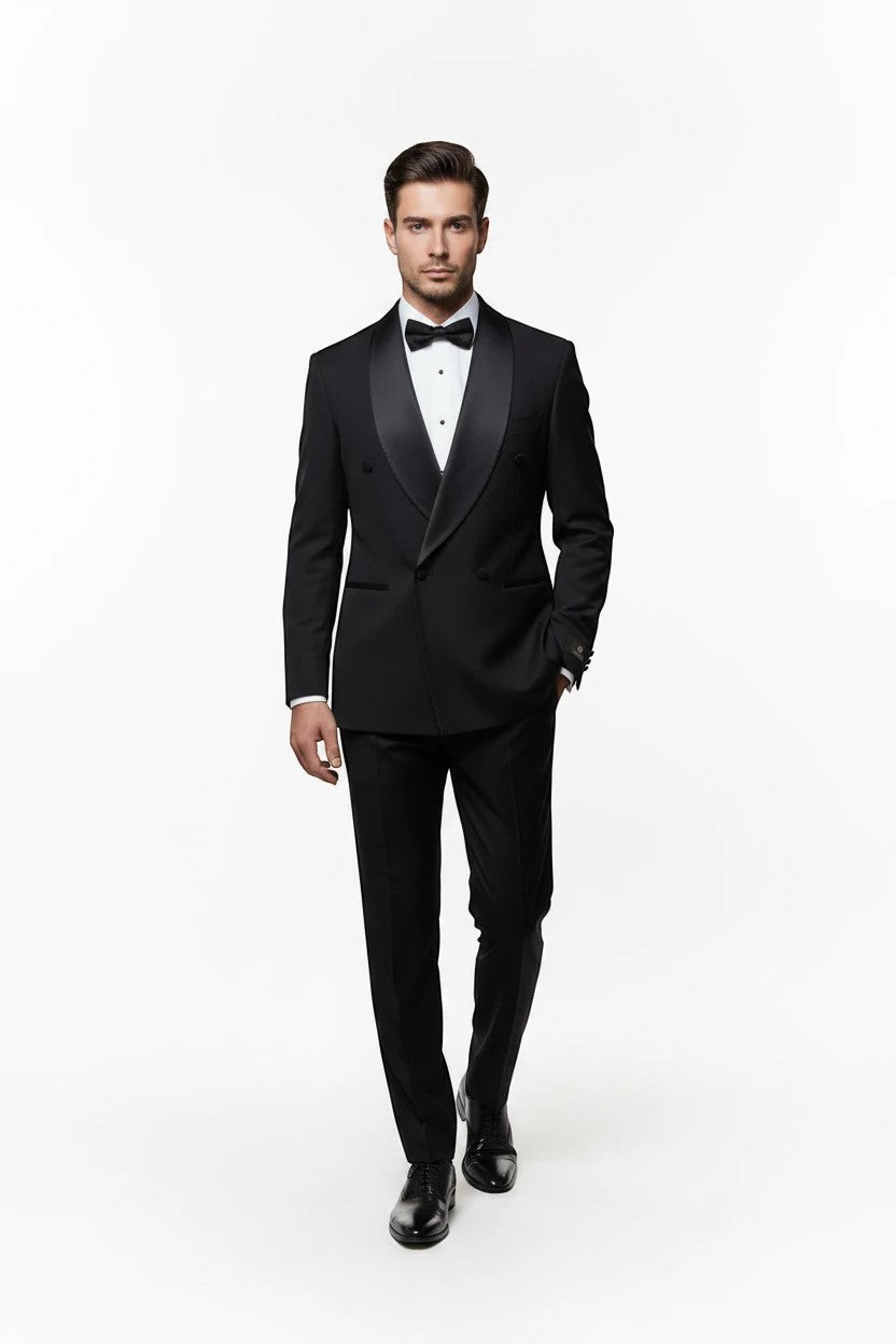 The City Warehouse-Menswear Marco Lorenzo solid black double-breasted shawl lapel tuxedo with tailored fit.