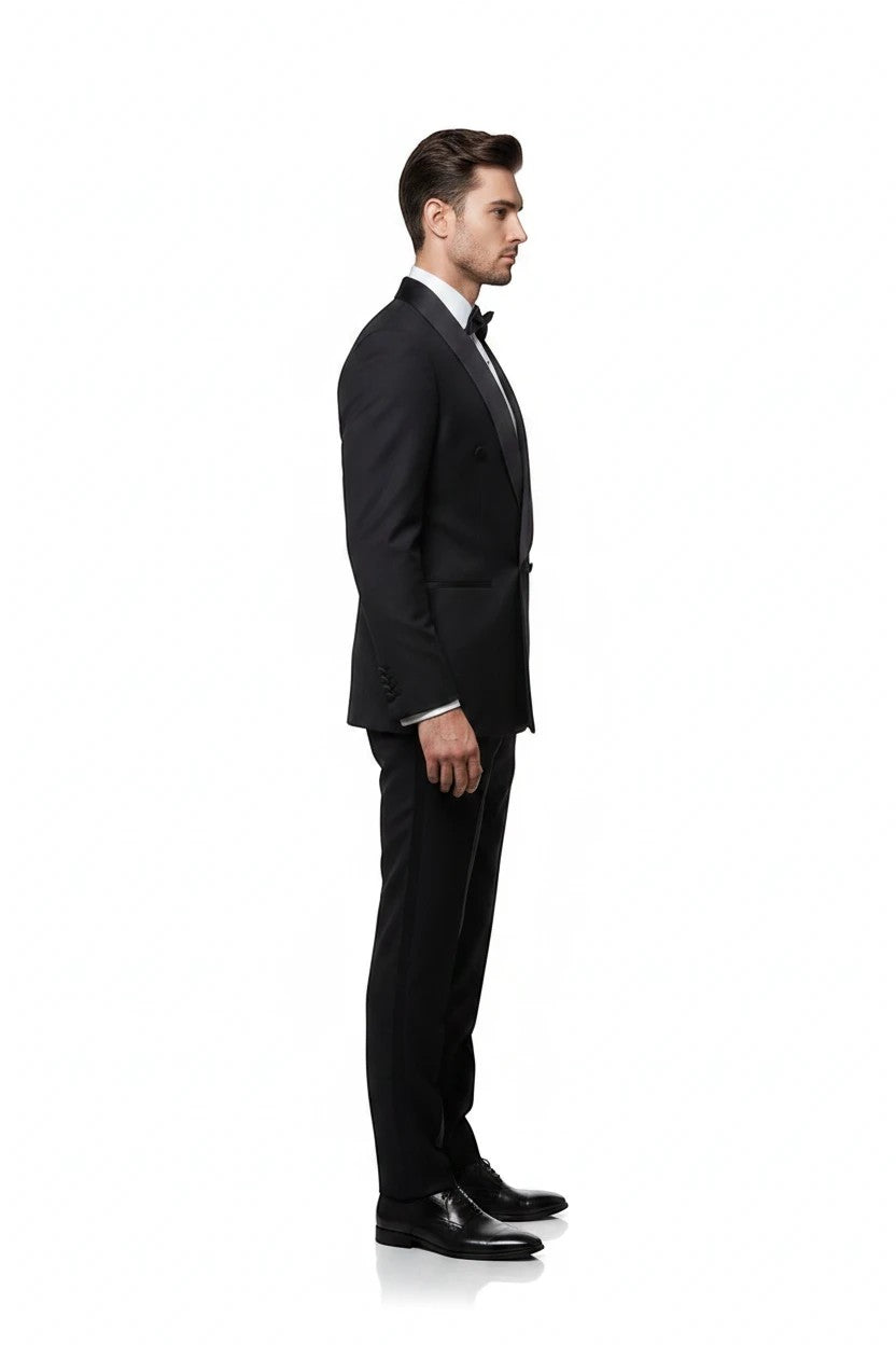 The City Warehouse-Menswear Marco Lorenzo solid black double-breasted shawl lapel tuxedo with tailored fit.