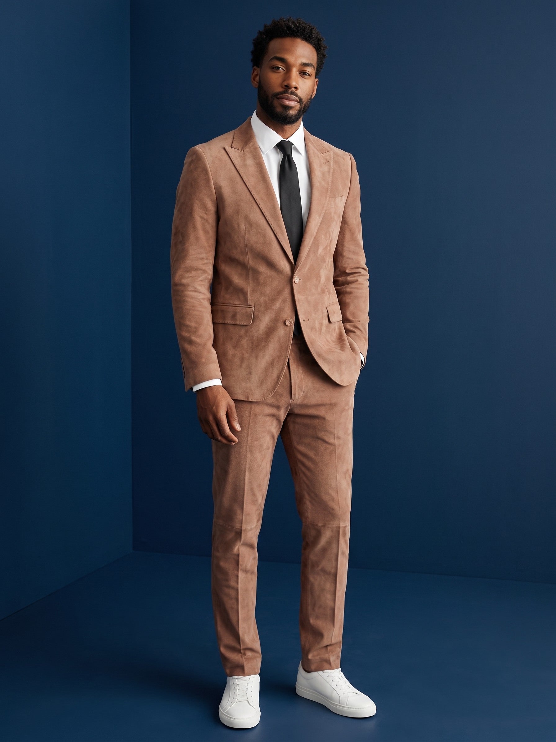 The City Warehouse-Menswear model wearing a Giovanni Testi mauve velvet slim fit suit with peak lapels and white sneakers