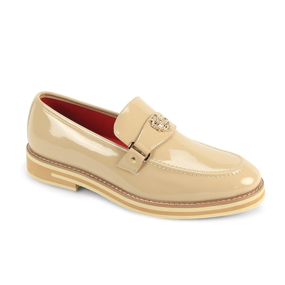 The City Warehouse-Menswear Ashford patent leather moc-toe loafer in natural tan with gold lion emblem detail