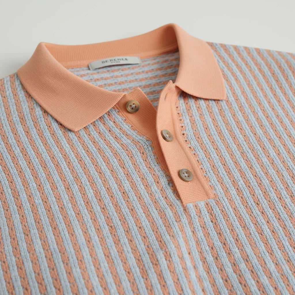 The City Warehouse-Menswear Prestige textured polo shirt in peach and grey with a three-button placket and collar.