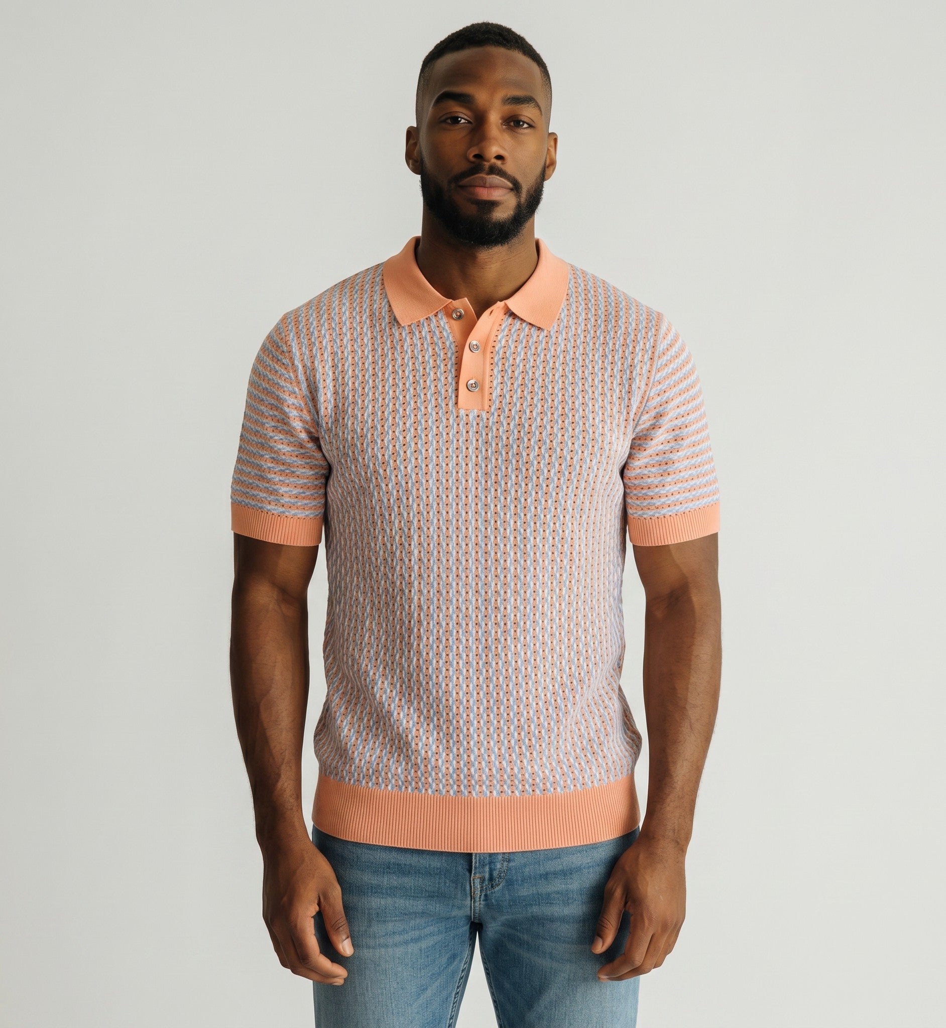 The City Warehouse-Menswear peach and grey textured stripe polo shirt worn by a man with a tailored fit.