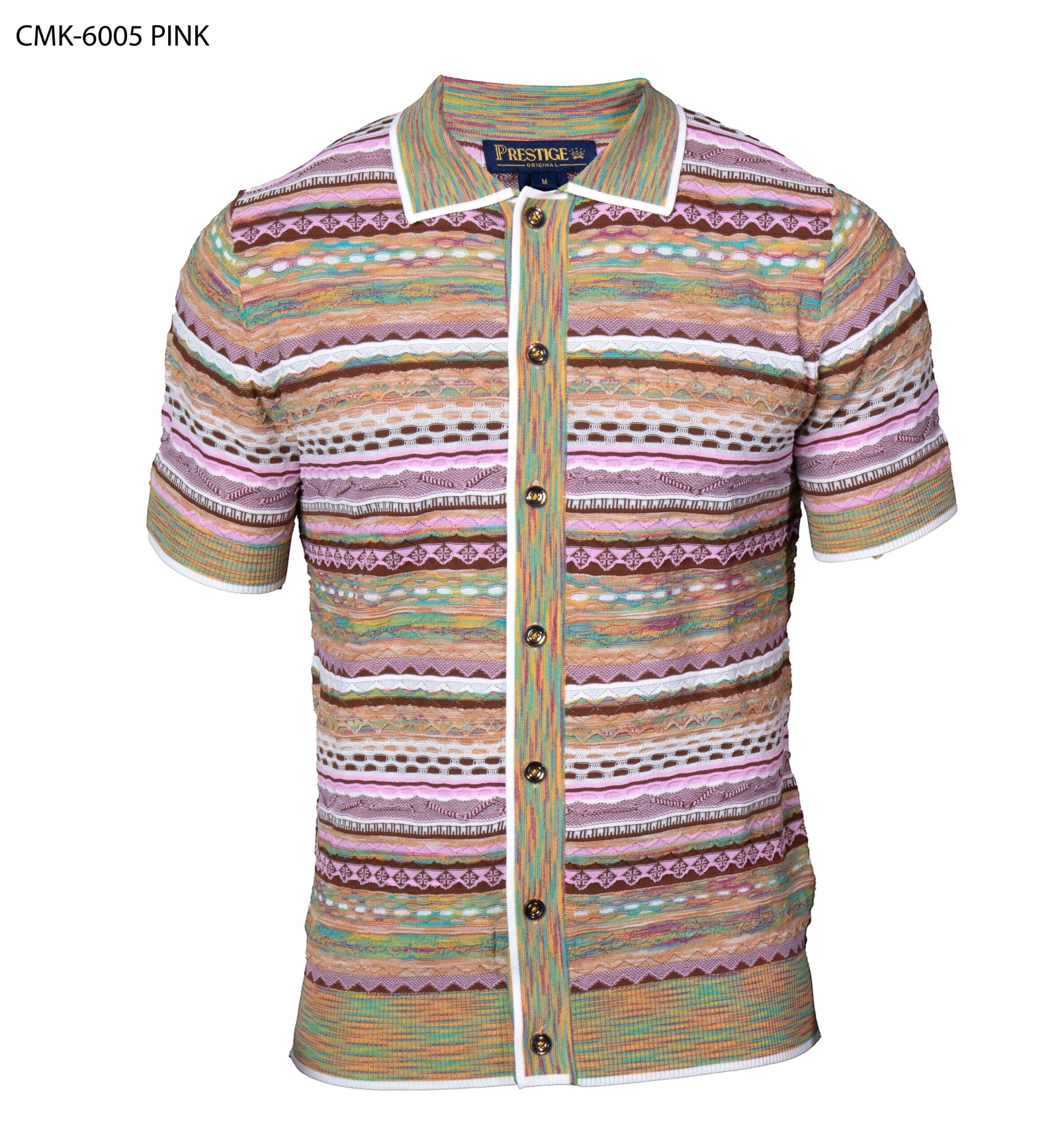 The City Warehouse-Menswear Prestige pink Coogi-inspired textured knit short-sleeve button-down shirt