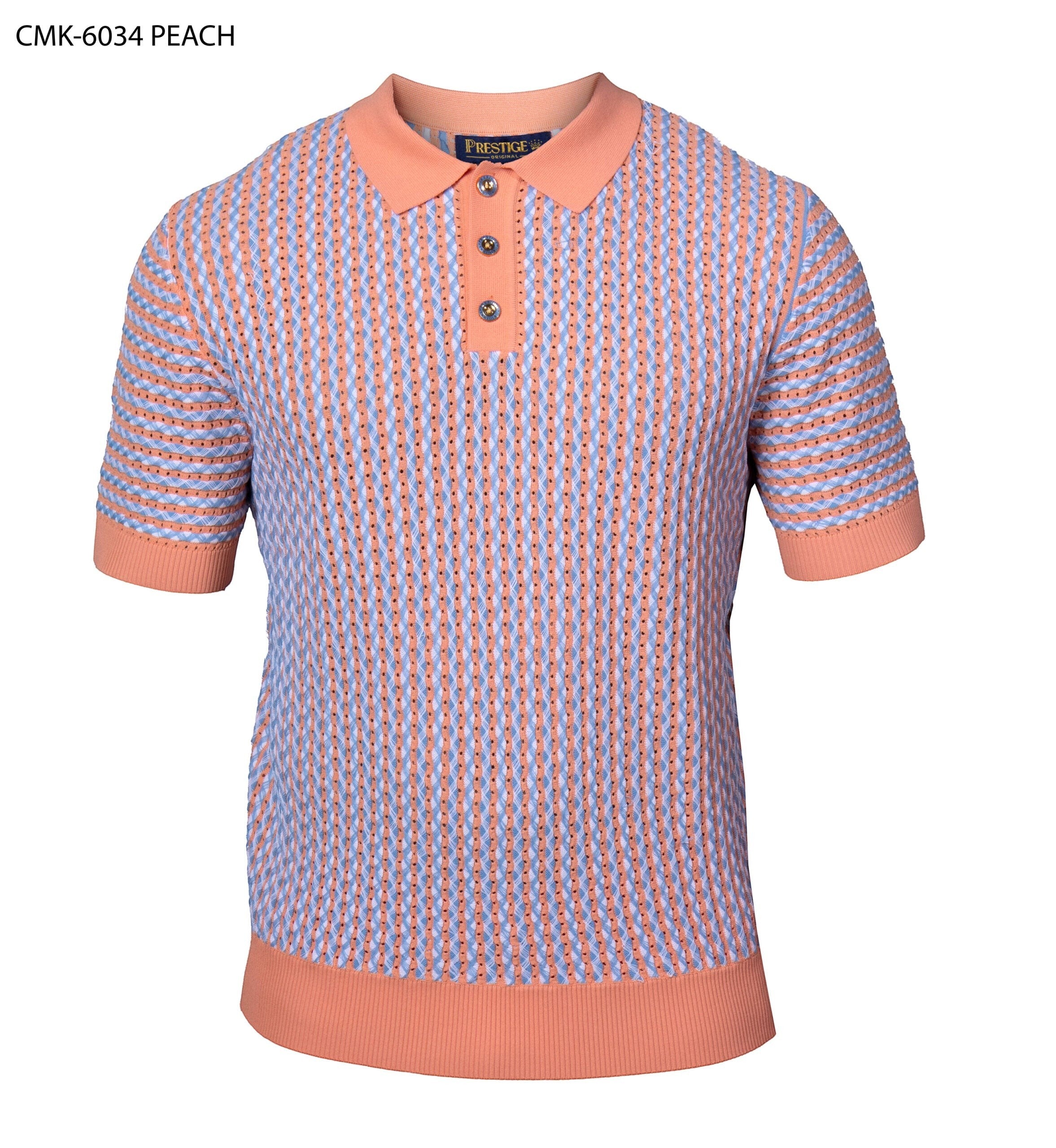 The City Warehouse-Menswear Prestige peach and blue textured stripe polo shirt with a three-button placket.