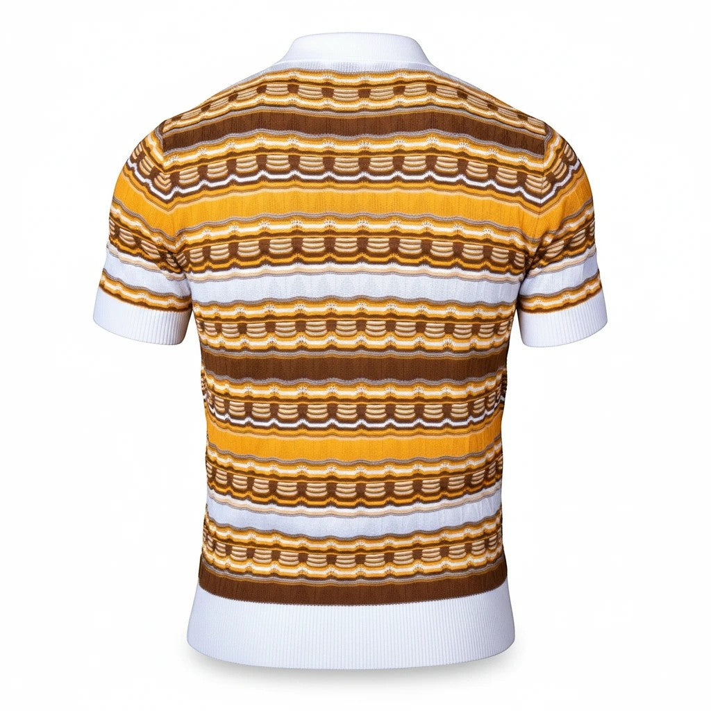 Back view of The City Warehouse-Menswear Prestige multi-texture polo shirt in yellow, brown, and white striped knit.