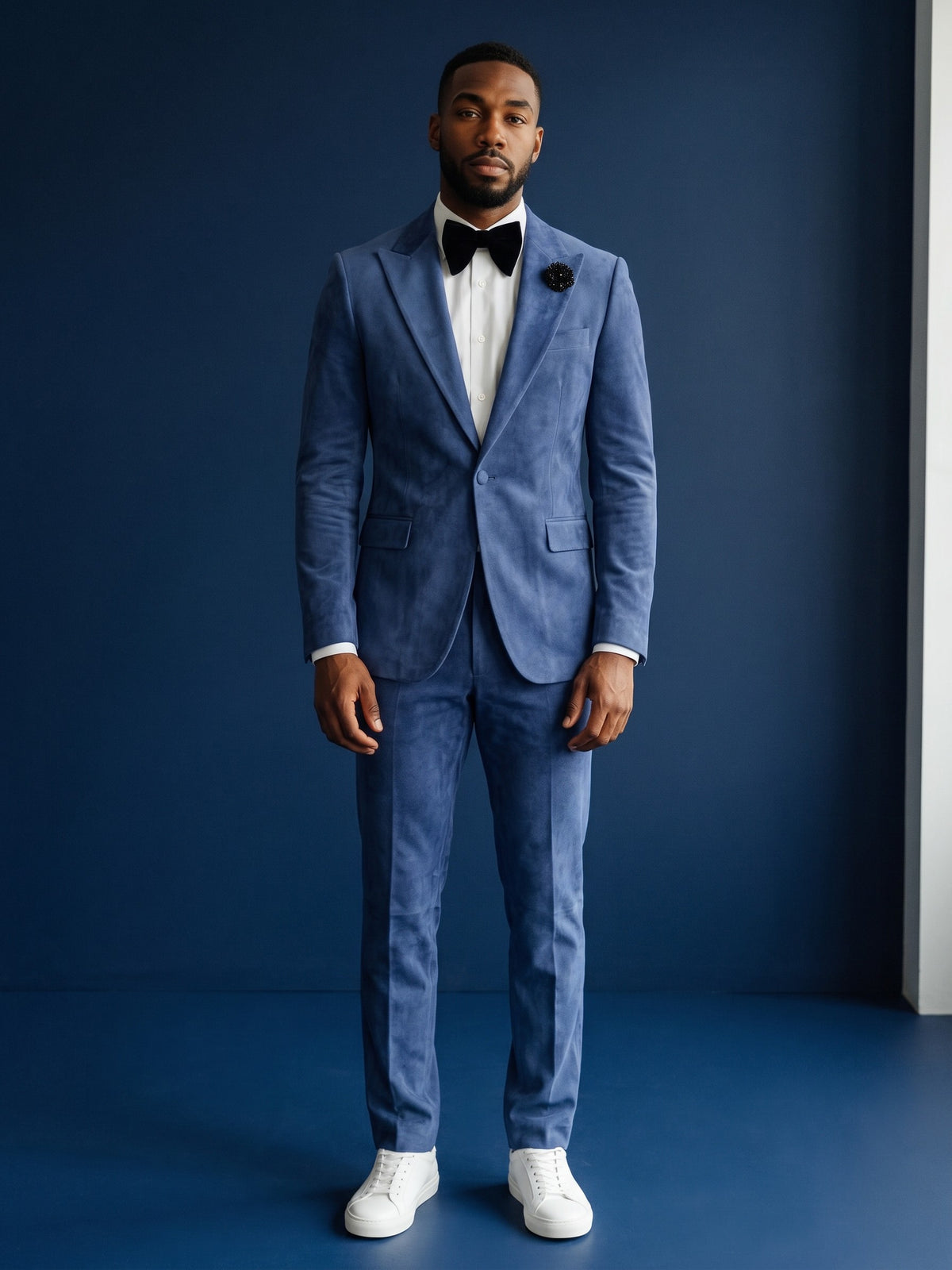 The City Warehouse-Menswear Giovanni Testi slate blue slim fit velvet suit with peak lapel and black bow tie