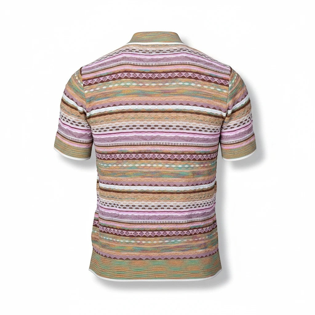 Back view of The City Warehouse-Menswear Prestige textured knit shirt featuring a multi-colored striped pattern.