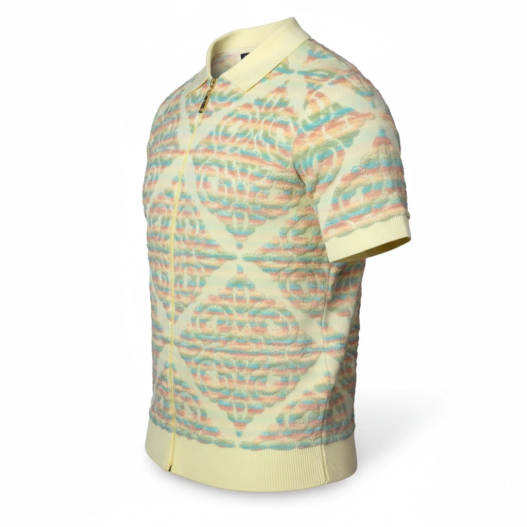The City Warehouse-Menswear yellow short-sleeve full-zip polo with a textured, multi-colored art-inspired pattern.