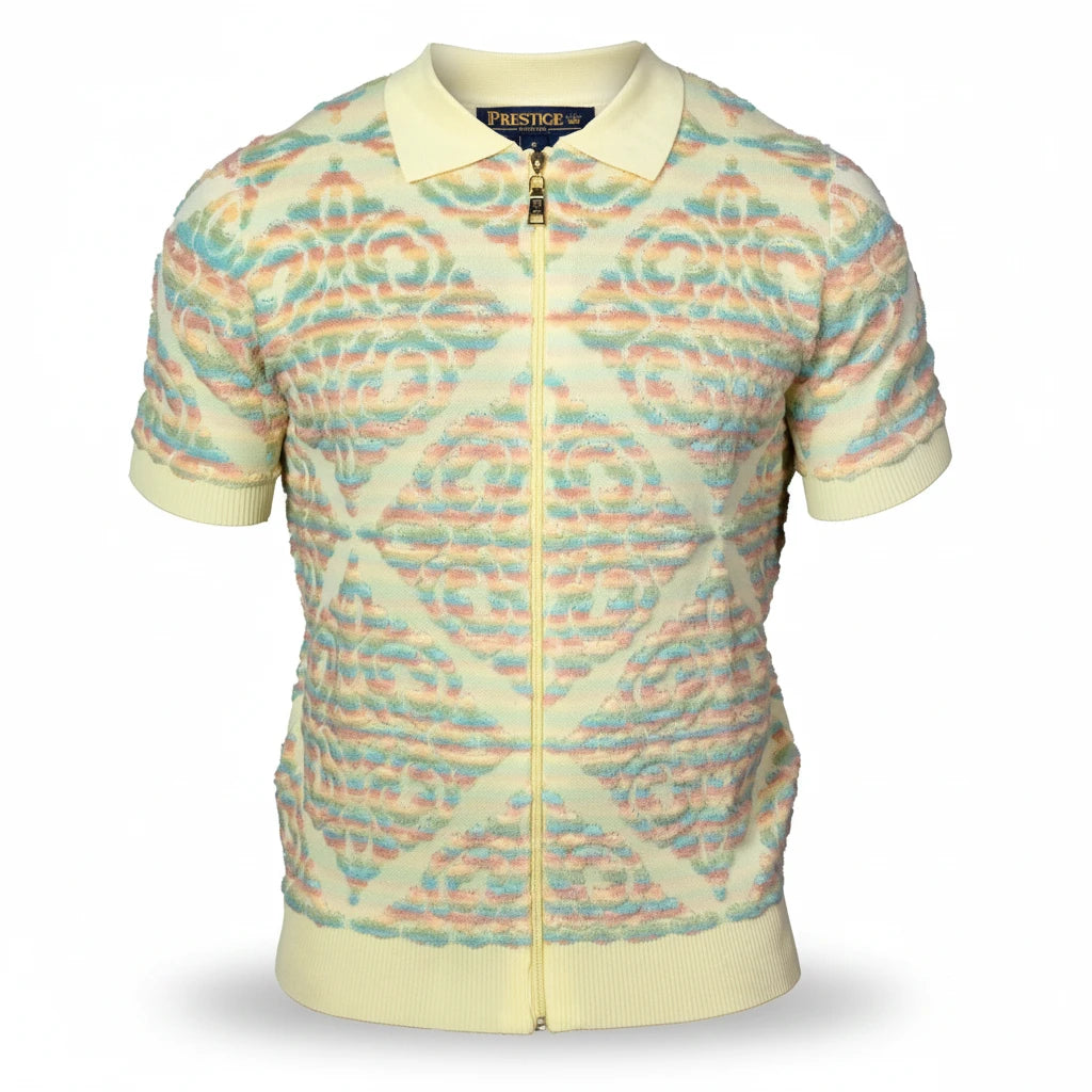 The City Warehouse-Menswear Prestige full-zip polo shirt in yellow with a textured, multi-colored art-inspired pattern.