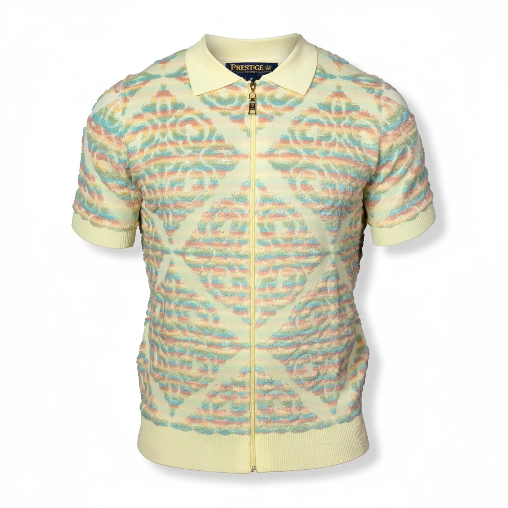 The City Warehouse-Menswear yellow full-zip polo shirt with a textured, multi-colored art-inspired diamond pattern.