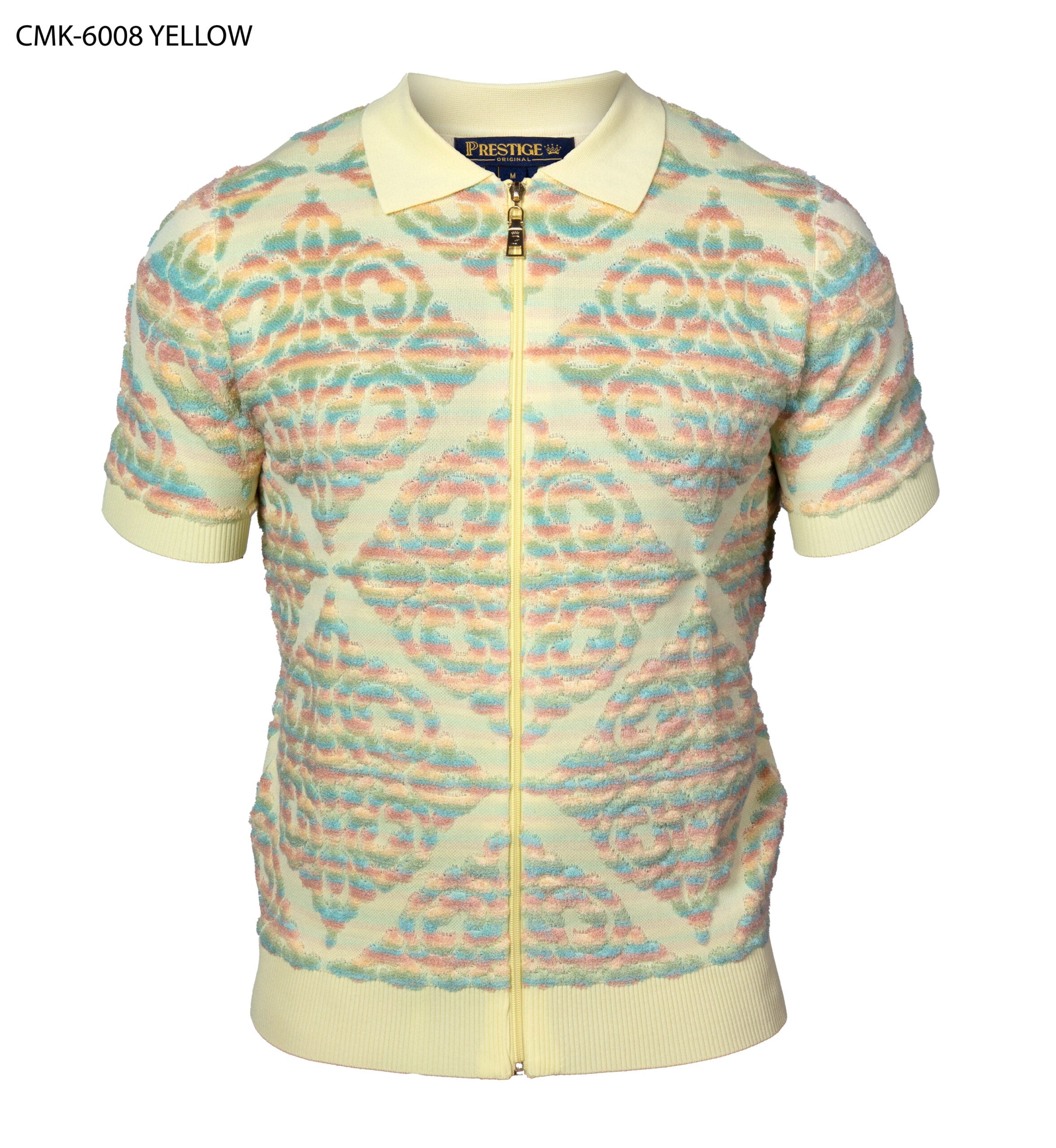 The City Warehouse-Menswear Prestige yellow short-sleeve full-zip polo shirt with a textured multi-color art pattern.