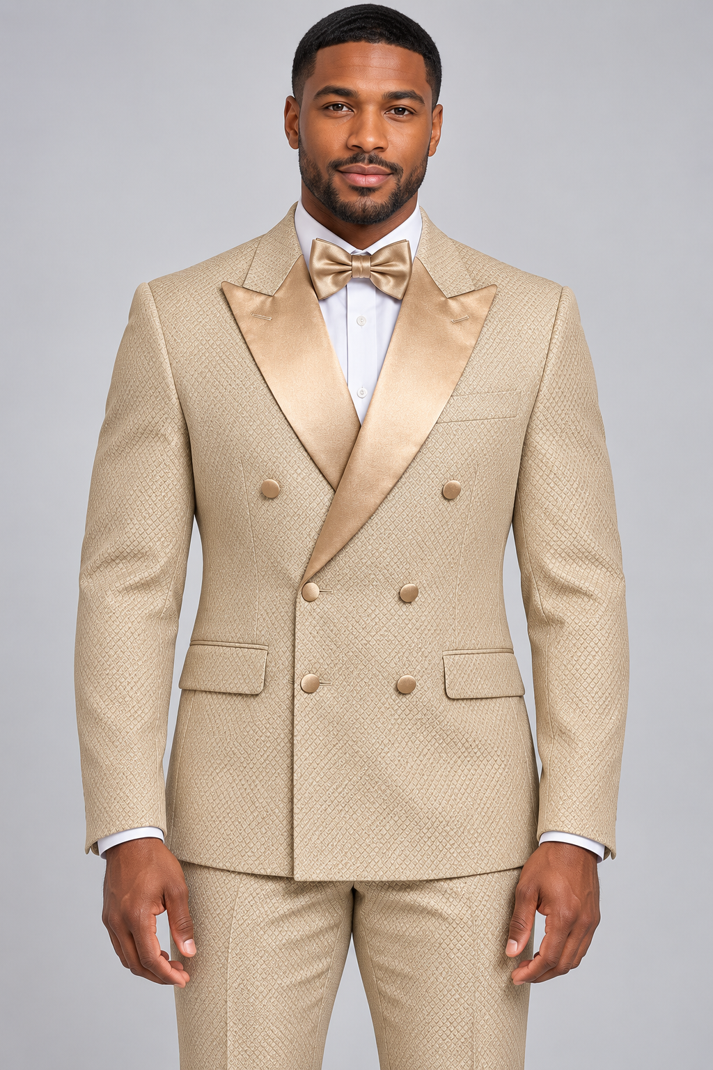 Vinci TMDB-1 Beige modern-fit double-breasted textured tuxedo on a model with satin peak lapels