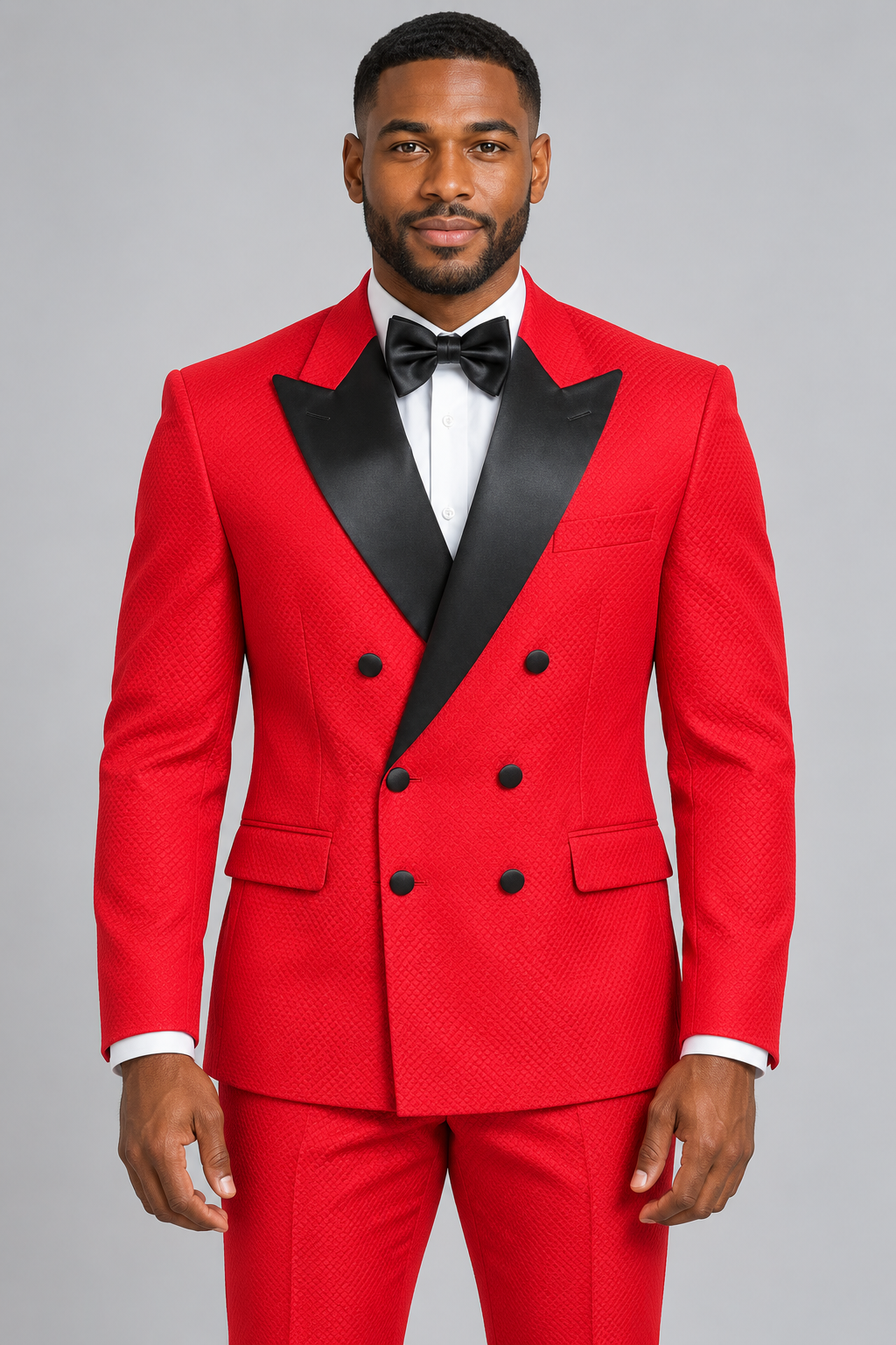 Vinci TMDB-1 Red modern-fit double-breasted textured tuxedo on a model with satin peak lapels