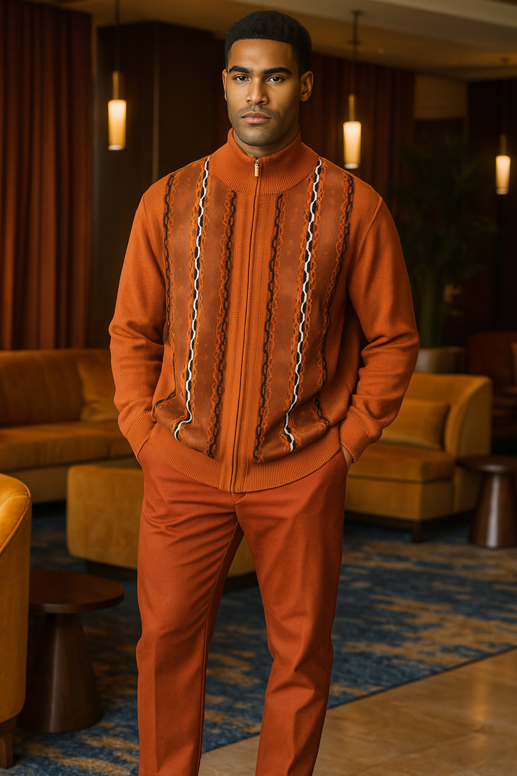 Man wearing an orange outfit with a patterned design in a room with furniture and lighting.