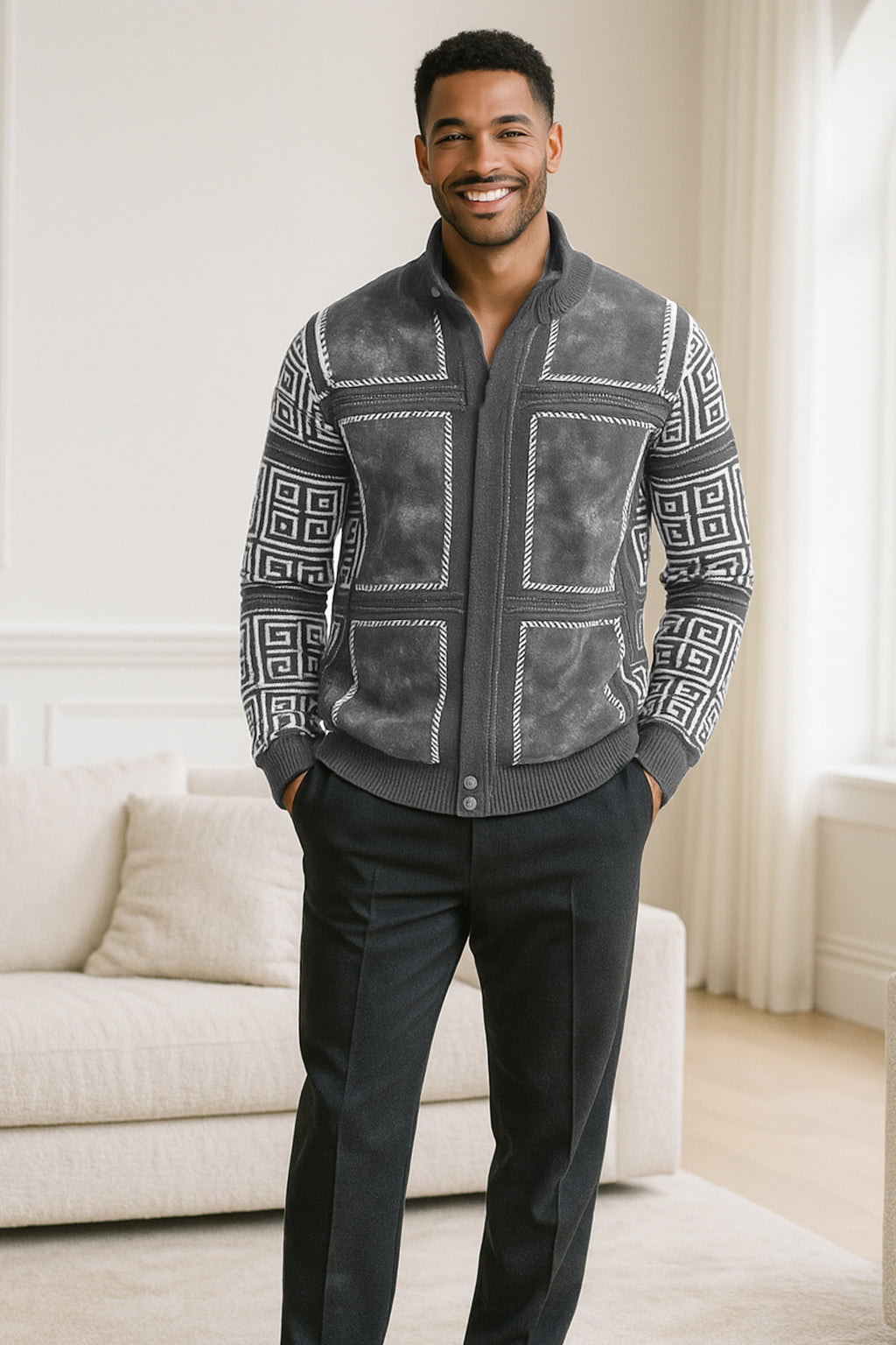 SilverSilk Suede Patch Full Zip Sweater |11012