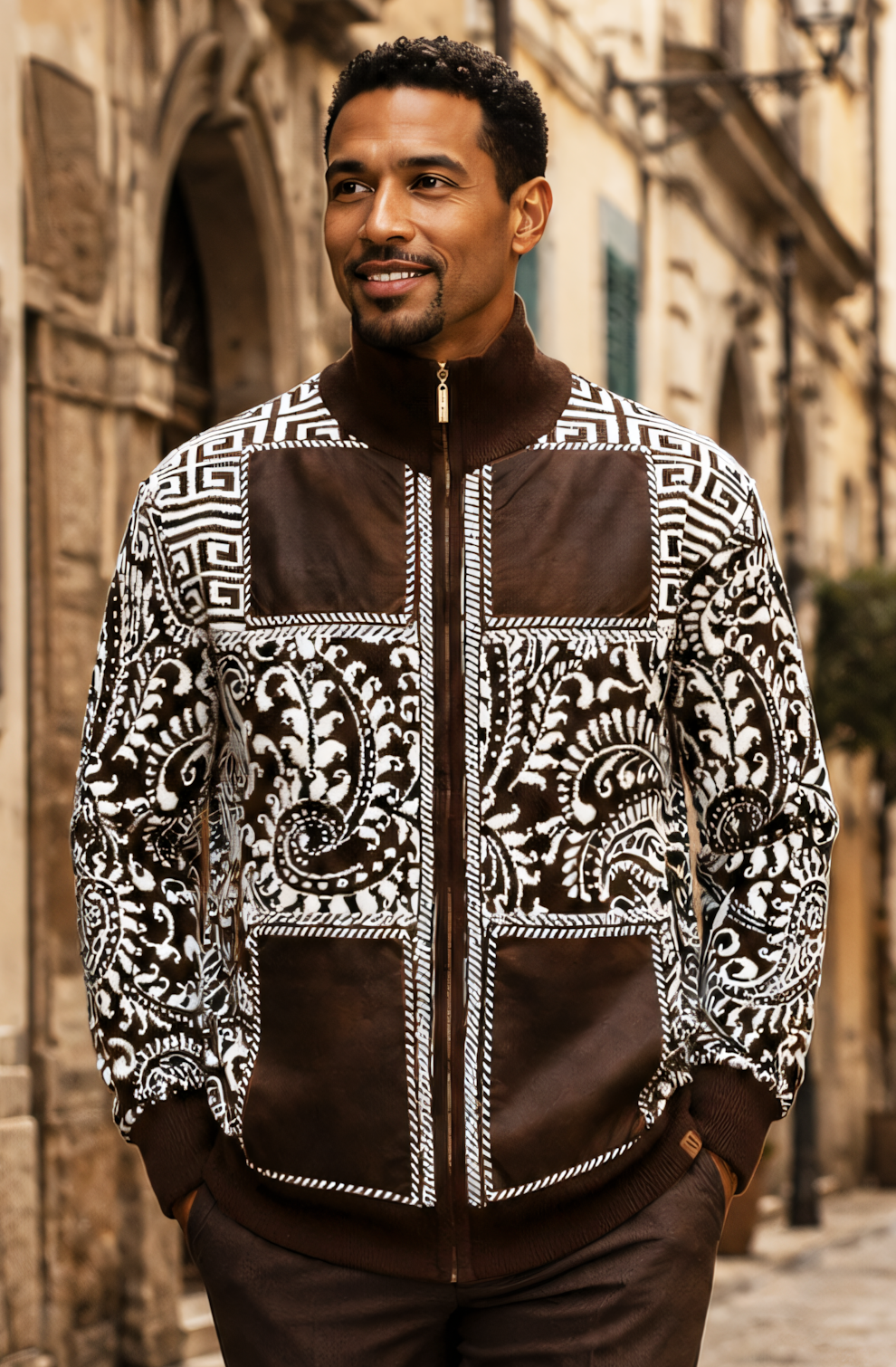 Silversilk 31018 Brown full-zip sweater, front view with ivory paisley and geometric shoulder patterns, brown inset panels and stand collar.