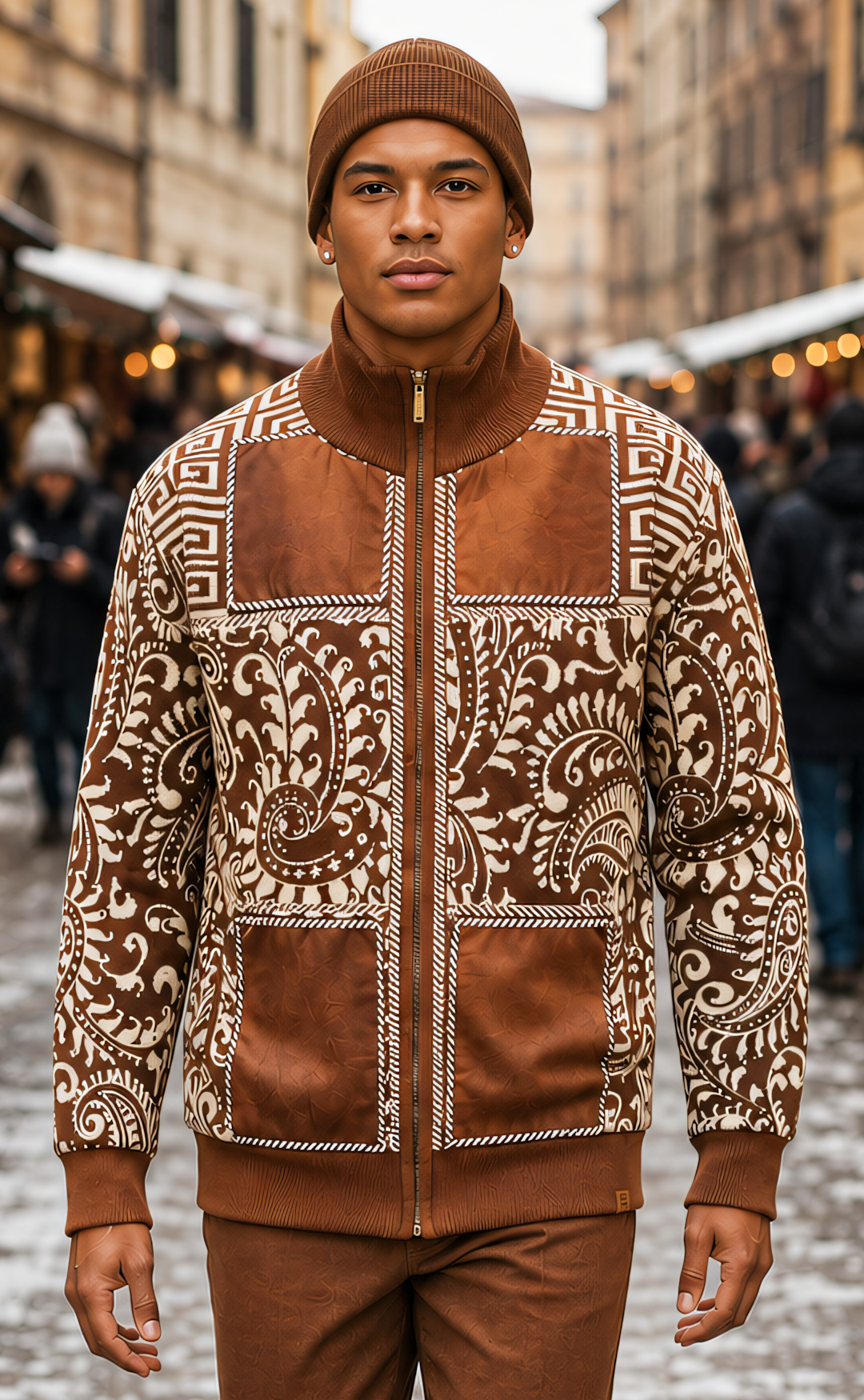 Silversilk 31018 Caramel full-zip sweater, front view with ivory paisley and geometric shoulder patterns, caramel inset panels and stand collar.