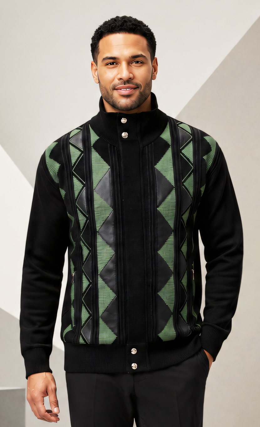 Silversilk 31019 Black/Green sweater, front view with green and dark diamond panels, black sleeves and a high collar with metal snap details.