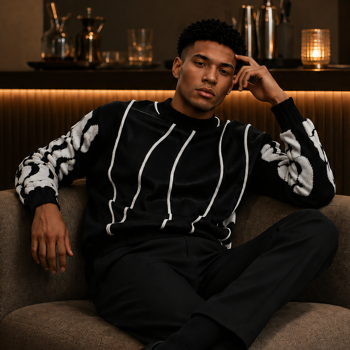 Silversilk 32026 Black sweater, front view showing ivory vertical trim and patterned sleeves.