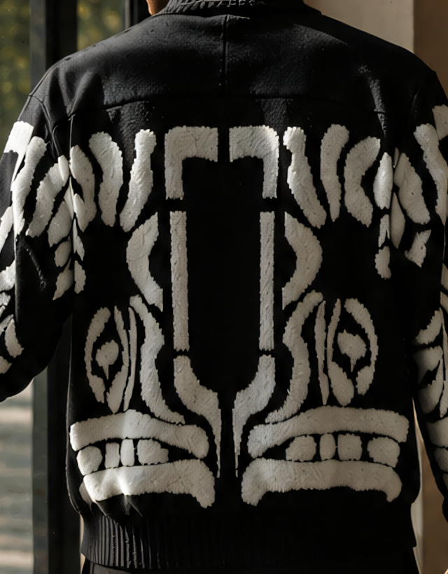 Close-up of the mirrored ivory back design, black shoulder yoke and ribbed hem on the Silversilk 32026 Black sweater.