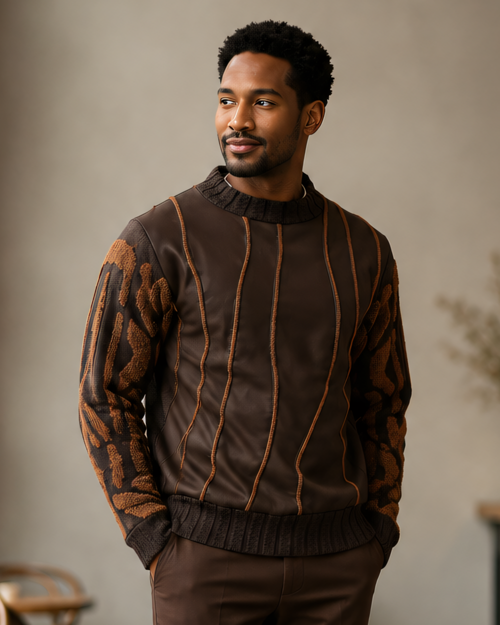 Silversilk 32026 Brown sweater, front view with caramel-colored vertical trim and textured patterned sleeves.
