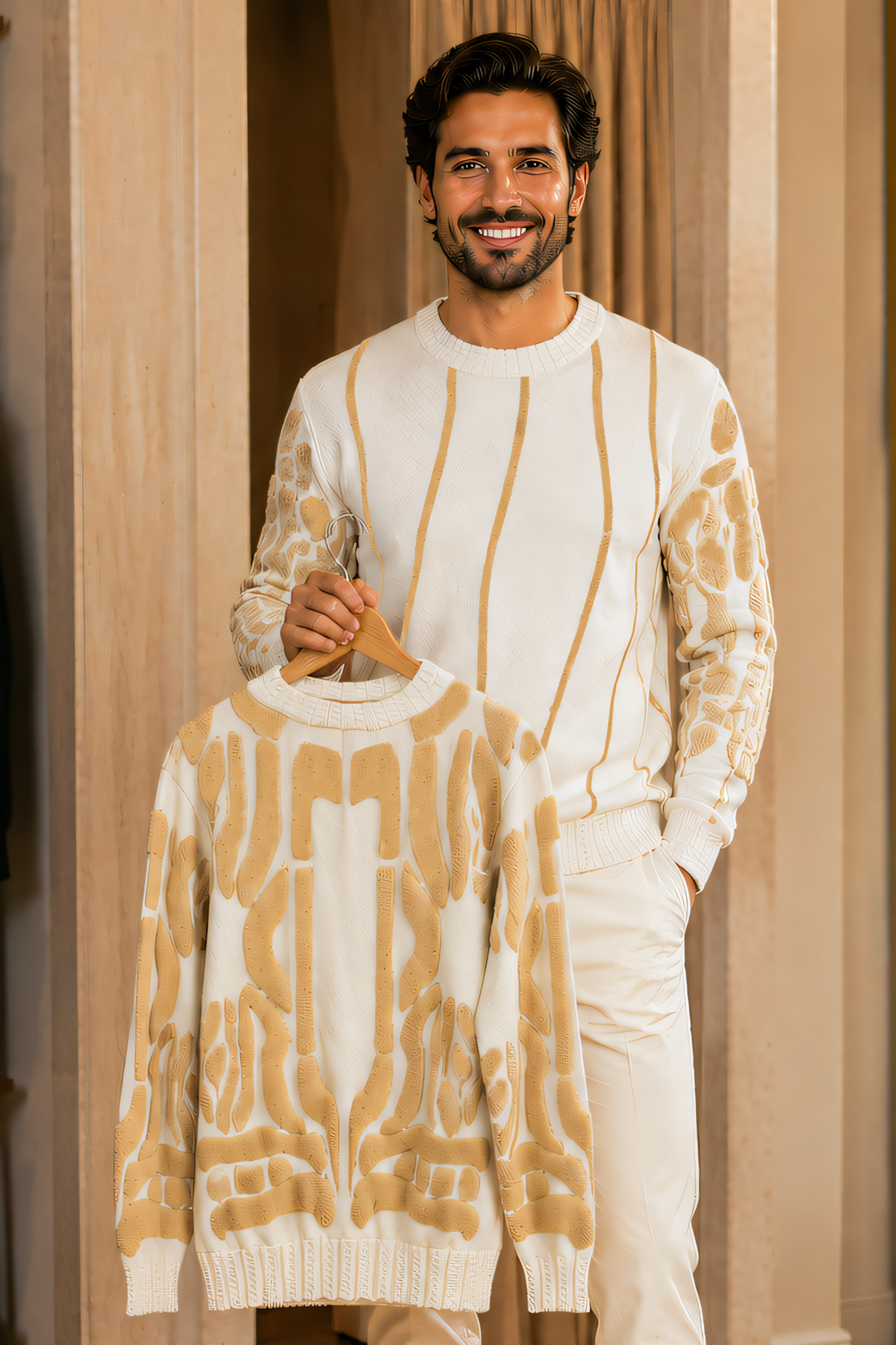 Silversilk 32026 Cream sweater worn by a model holding another sweater to display the tan geometric back design.