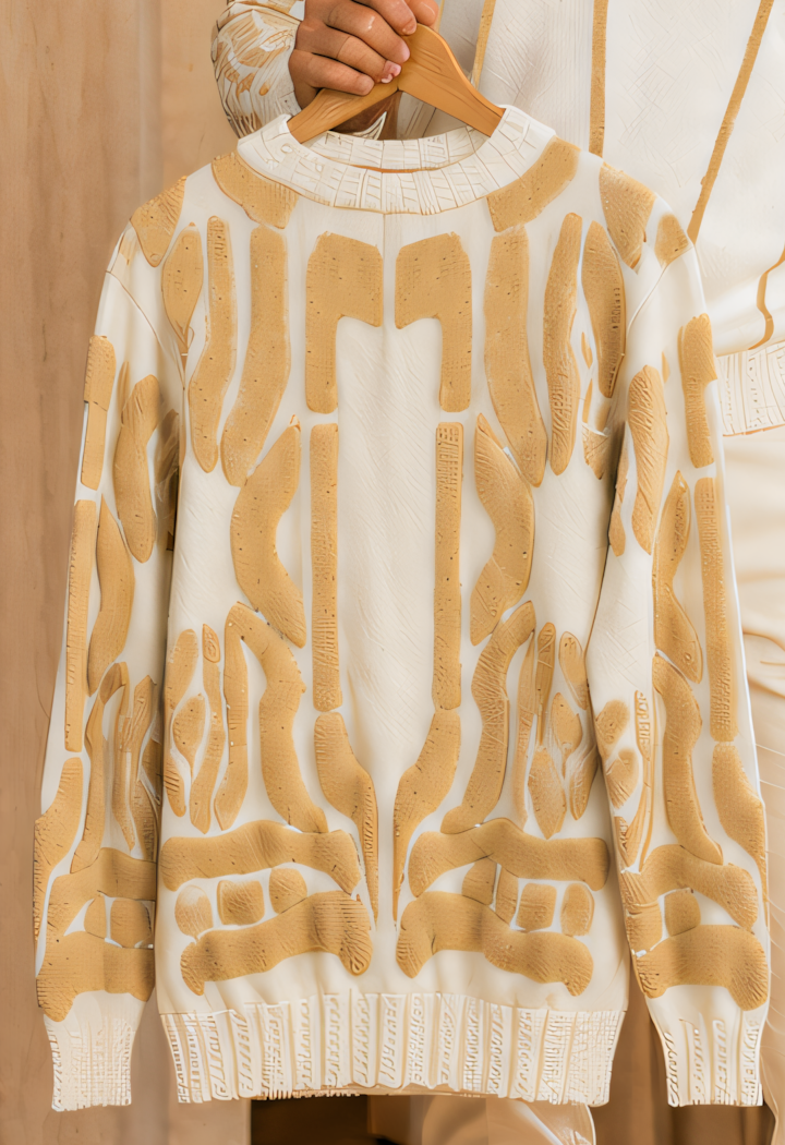 Rear design of the Silversilk 32026 Cream sweater displayed on a hanger, with raised tan geometric motifs and cream ribbed trim.