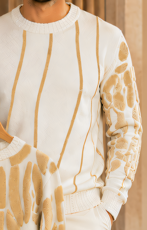 Close-up of the Silversilk 32026 Cream sweater showing tan vertical front trim, patterned sleeve and cream ribbed cuff.