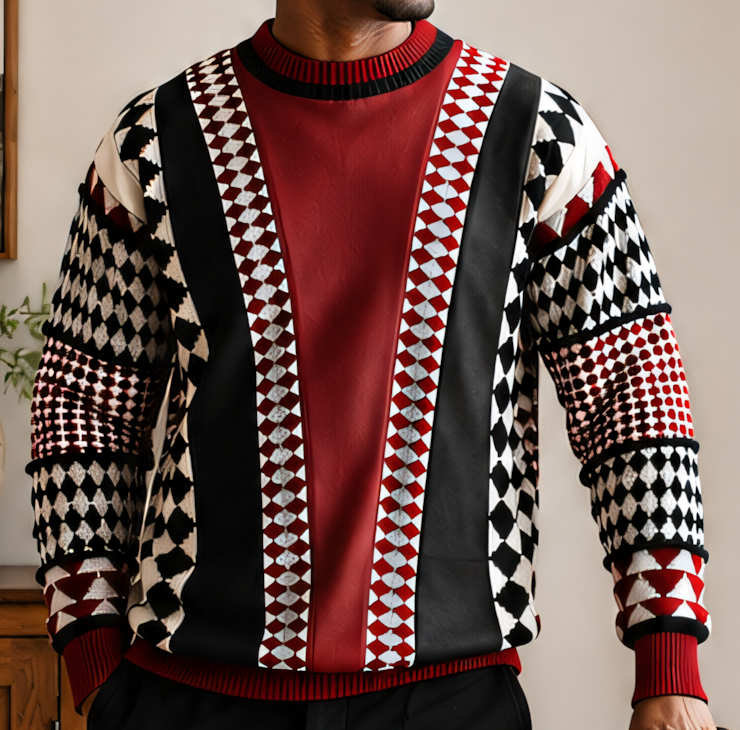 Front and sleeve detail of the Silversilk 32027 Red sweater, showing the red center panel, black side panels and contrasting geometric knit patterns.