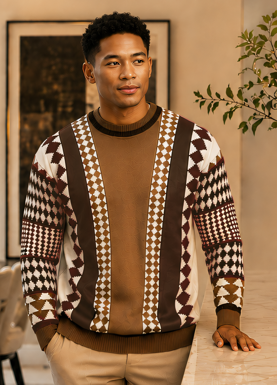Silversilk 32027 Taupe sweater, front view with a tan center panel, dark brown vertical panels and contrasting geometric patterned sleeves.