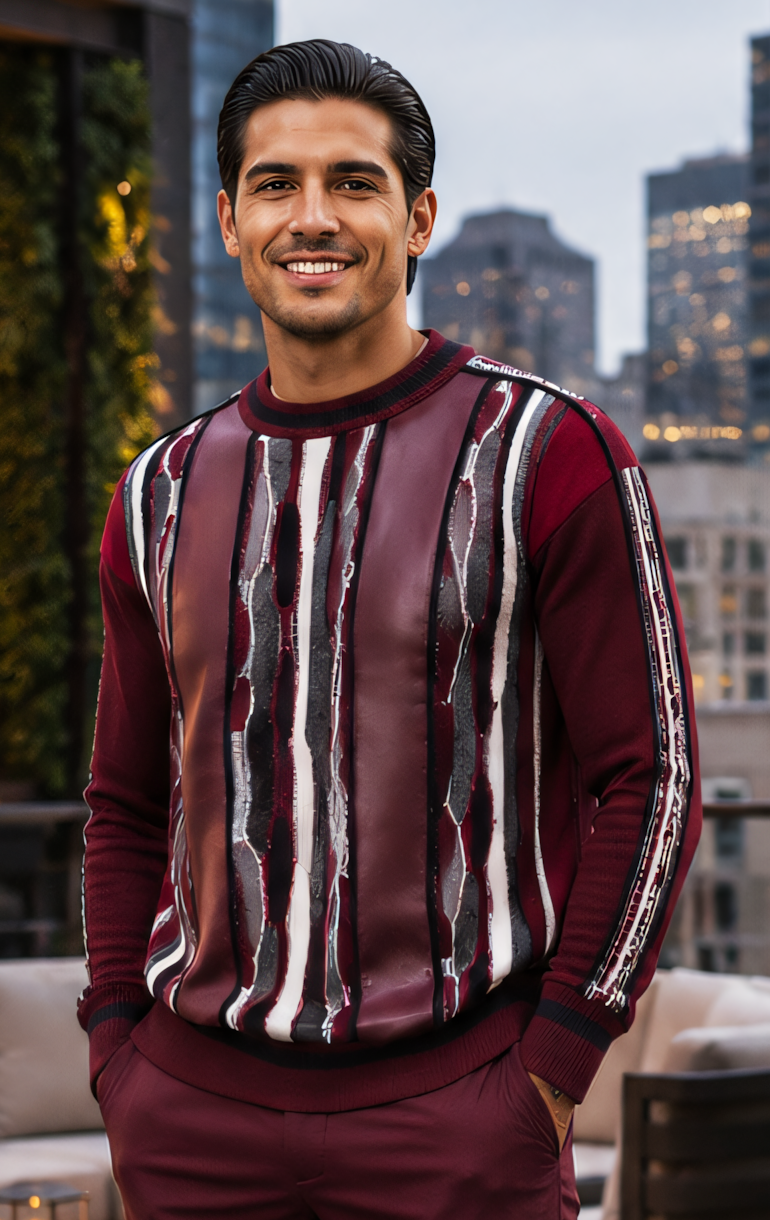 Silversilk 32028 Fig sweater, front view with glossy burgundy-colored panels, irregular contrasting vertical patterns and striped sleeve trim.