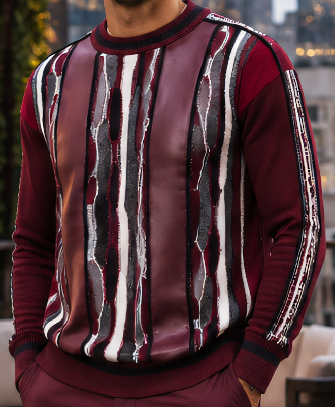 Front panel and sleeve detail of the Silversilk 32028 Fig sweater, showing glossy sections, irregular ivory and dark vertical patterns, and ribbed trim.