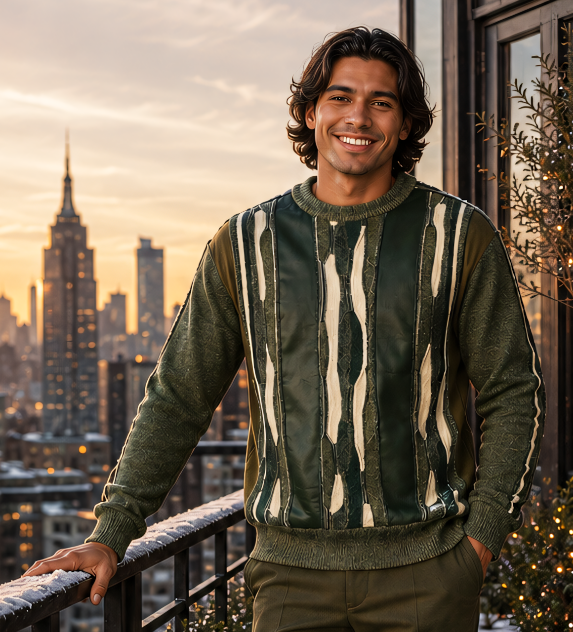 Silversilk 32028 Moss sweater, front view with glossy green panels, irregular ivory vertical details and textured sleeves.
