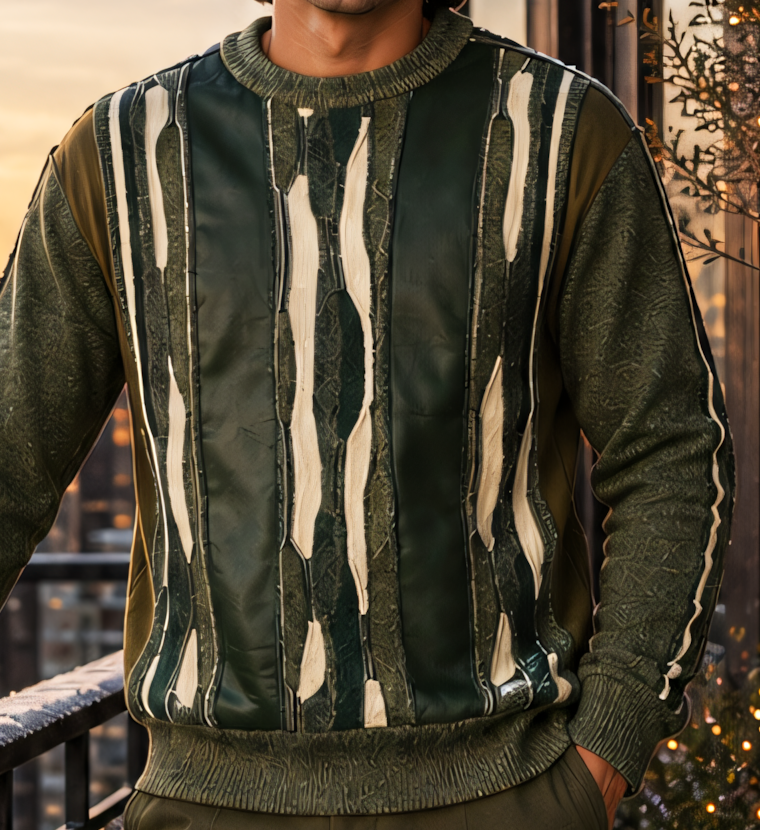 Front panel and sleeve detail of the Silversilk 32028 Moss sweater, showing glossy moss-green sections, irregular ivory patterns and ribbed trim.