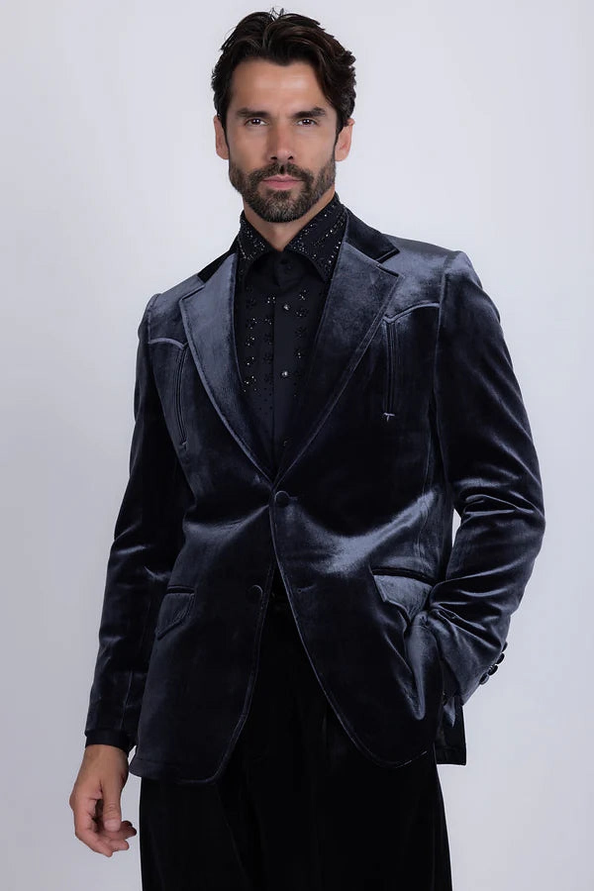 Barabas Velvet Western Blazer (5BL13) in Charcoal