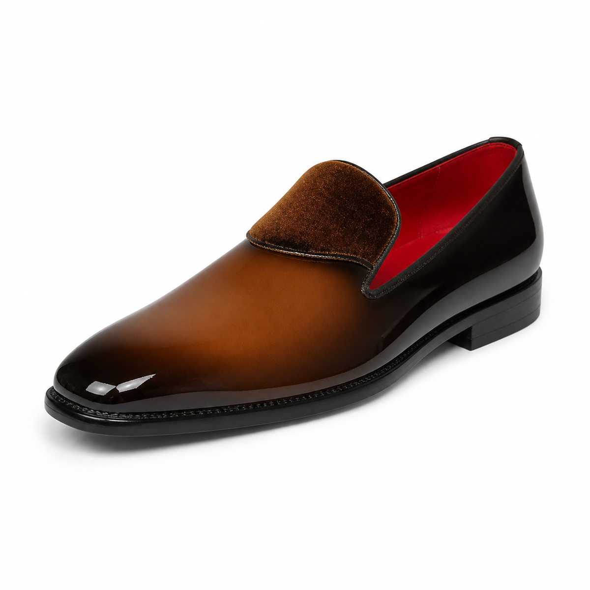 Style 7009 brown patent and velvet loafer on white background