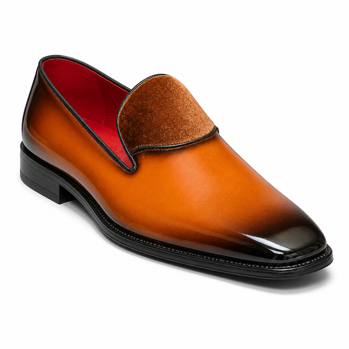 Style 7009 cognac orange patent and velvet loafer on white background