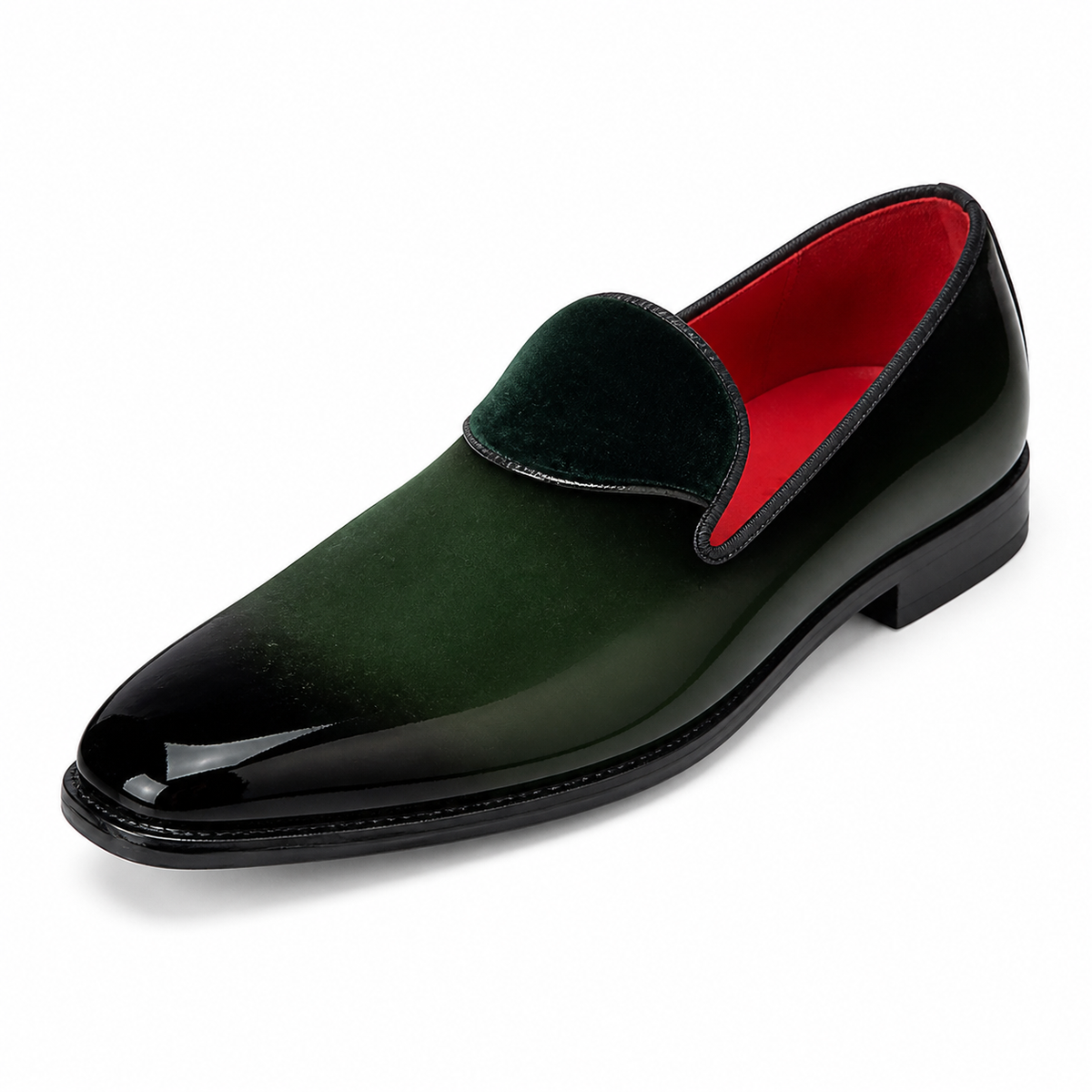Style 7009 forest green patent and velvet loafer on white background