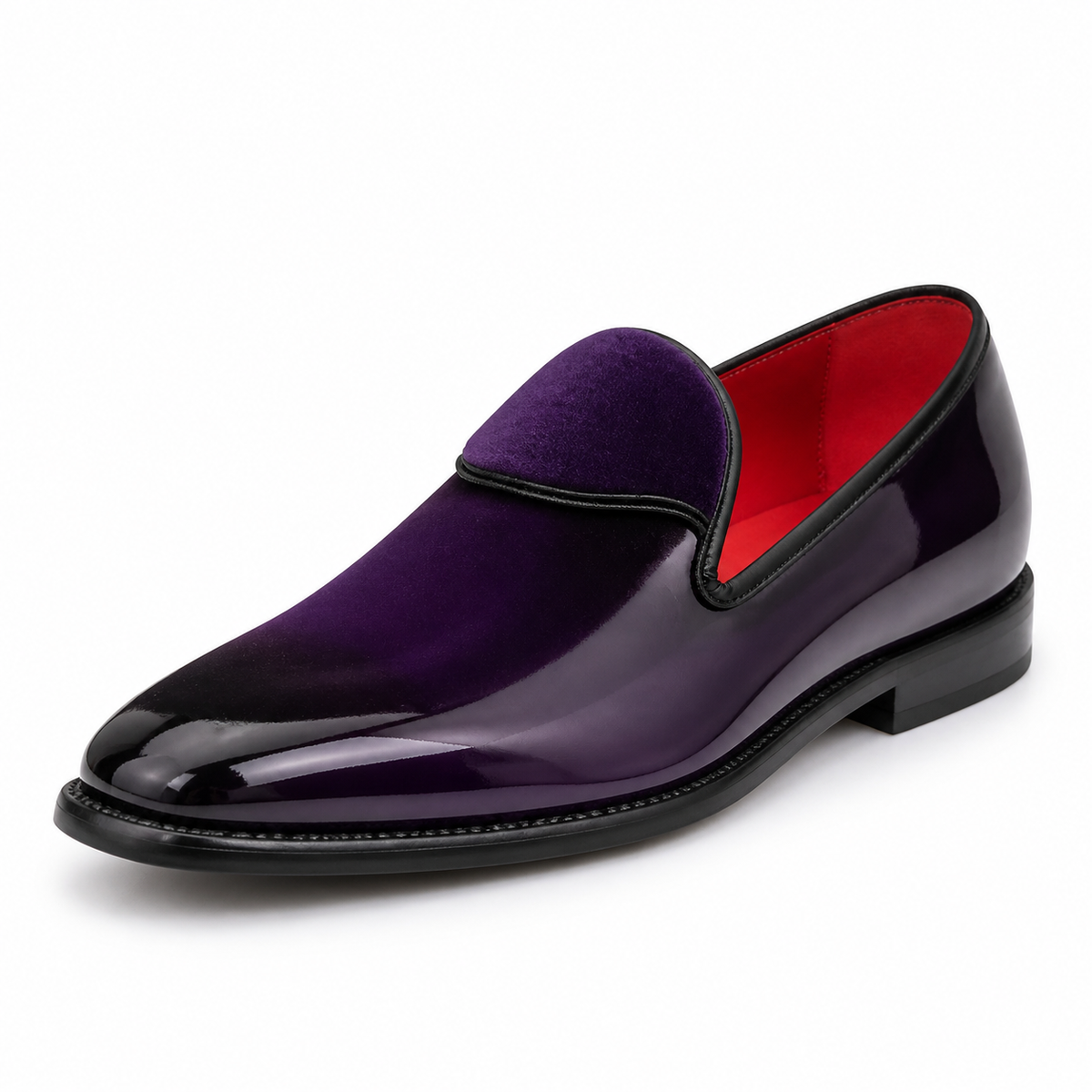 Style 7009 purple patent and velvet loafer on white background