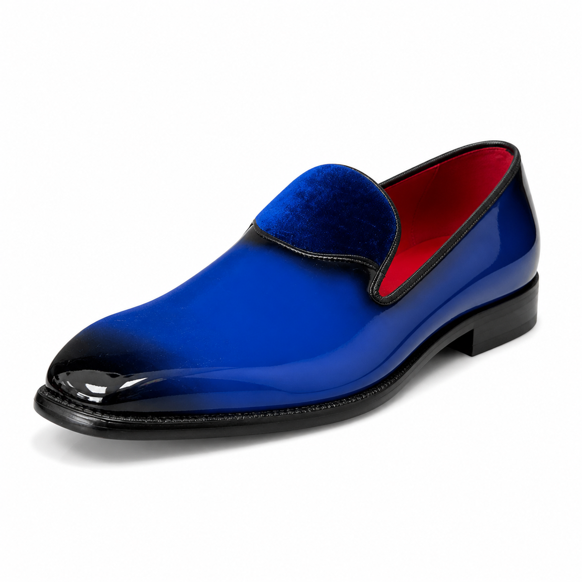 Style 7009 royal blue patent and velvet loafer on white background