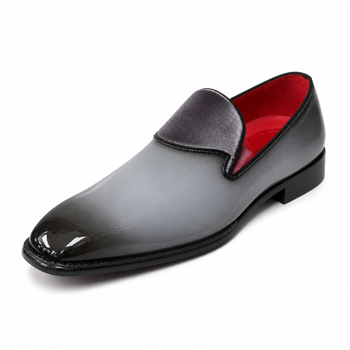 Style 7009 smoke gray patent and velvet loafer on white background