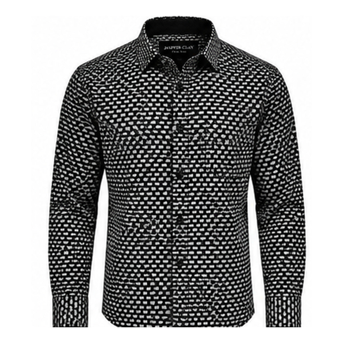 Jasper Clay JCLS25 black geometric printed long sleeve shirt front view