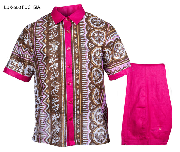 Prestige short-sleeve lace set in fuchsia pattern with matching pink bottoms on white background